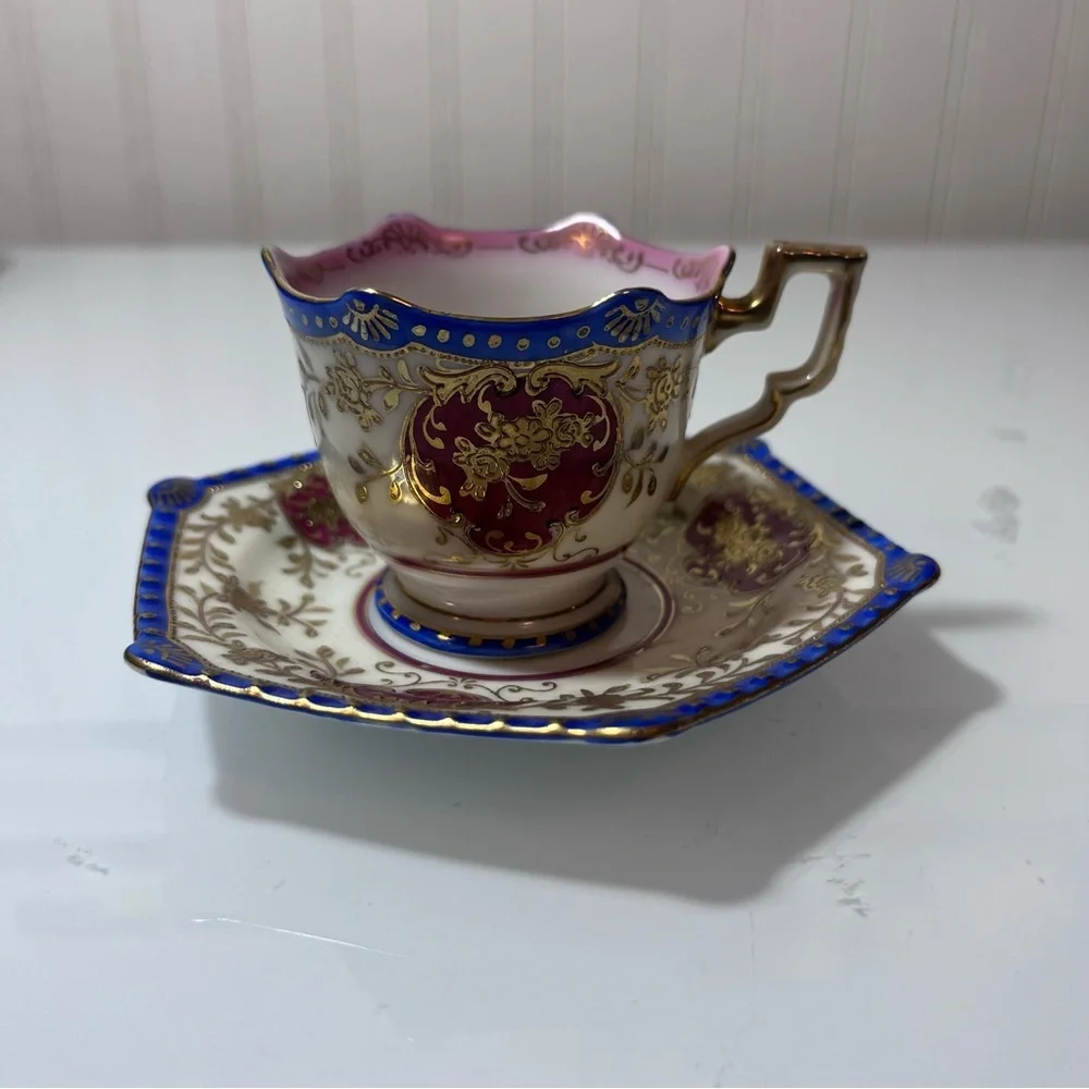 Japanese Ornate Gilt Porcelain Tea Cup & Saucer - Pink, Blue, Gold miniature